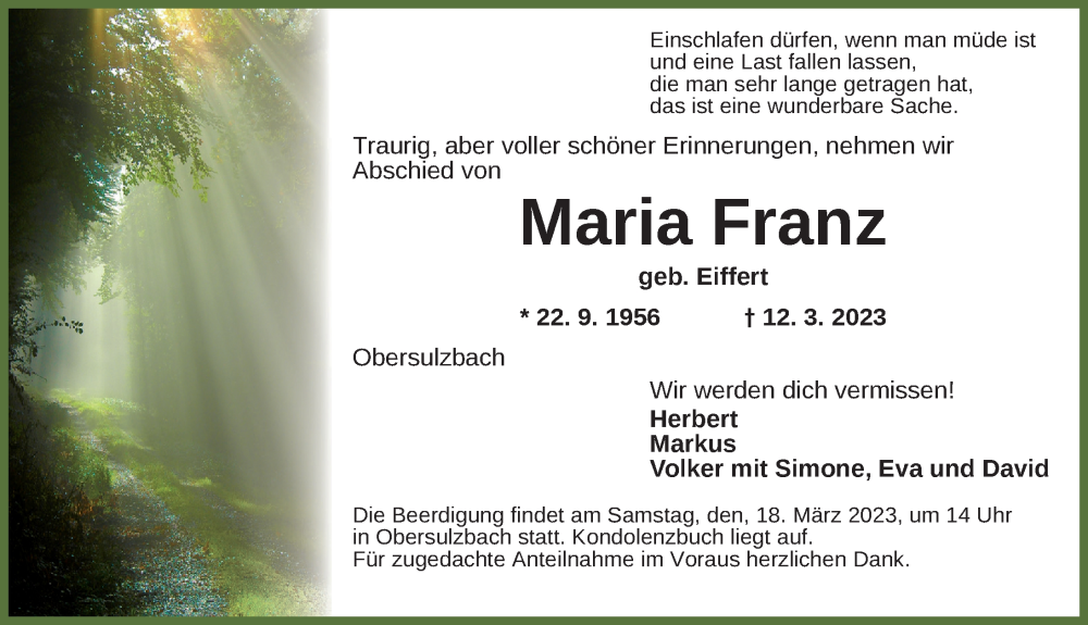  Traueranzeige für Maria Franz vom 16.03.2023 aus Ansbach