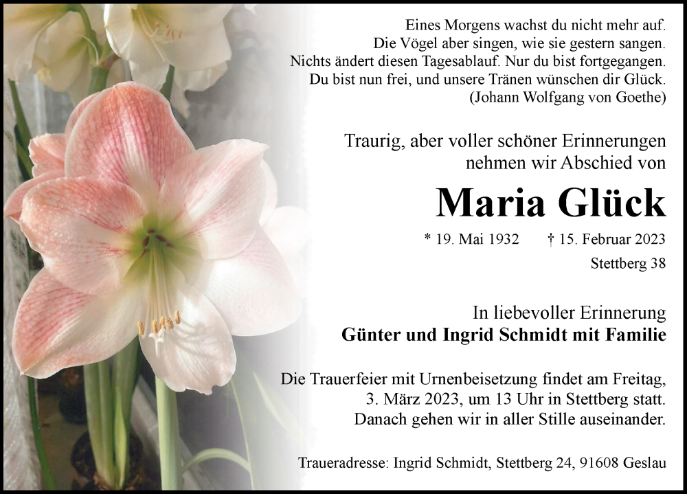  Traueranzeige für Maria Glück vom 01.03.2023 aus Rothenburg