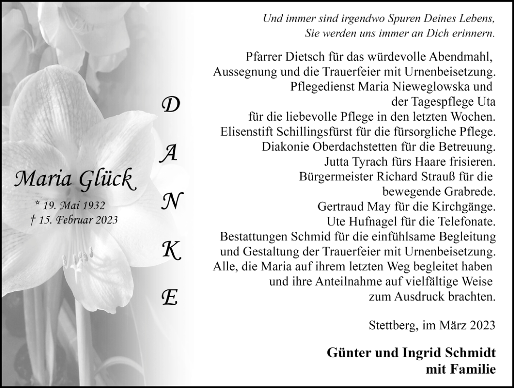  Traueranzeige für Maria Glück vom 18.03.2023 aus Rothenburg
