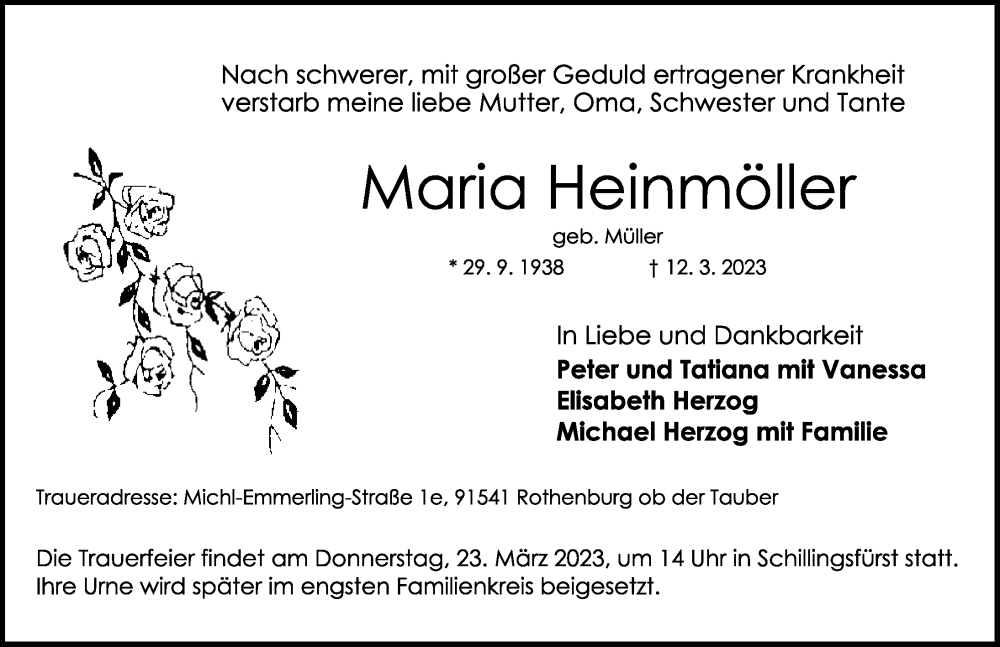  Traueranzeige für Maria Heinmöller vom 18.03.2023 aus Rothenburg