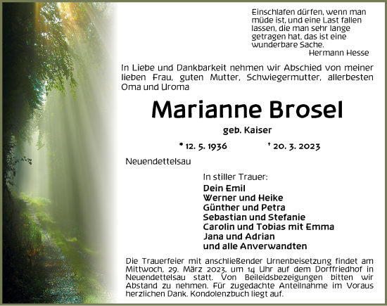 Traueranzeige von Marianne Brosel von Ansbach
