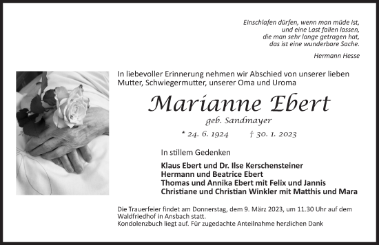 Traueranzeige von Marianne Ebert von Ansbach