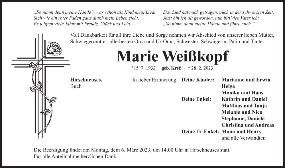  Traueranzeige für Marie Weißkopf vom 03.03.2023 aus Neustadt/ Scheinfeld/ Uffenheim