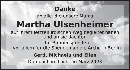 Traueranzeige von Martha Ulsenheimer von Ansbach