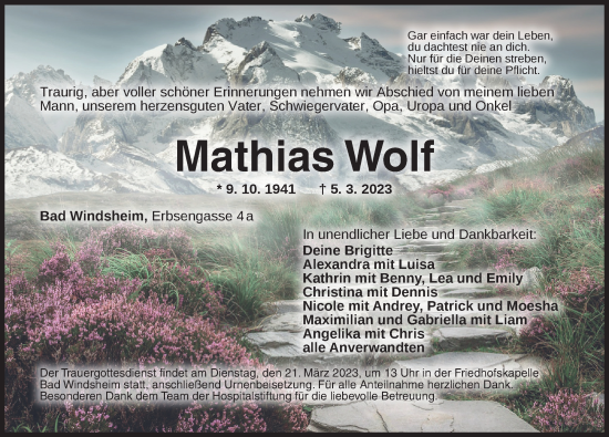 Traueranzeige von Mathias Wolf von Neustadt/ Scheinfeld/ Uffenheim