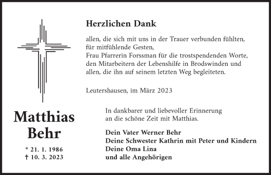 Traueranzeige von Matthias Behr von Ansbach