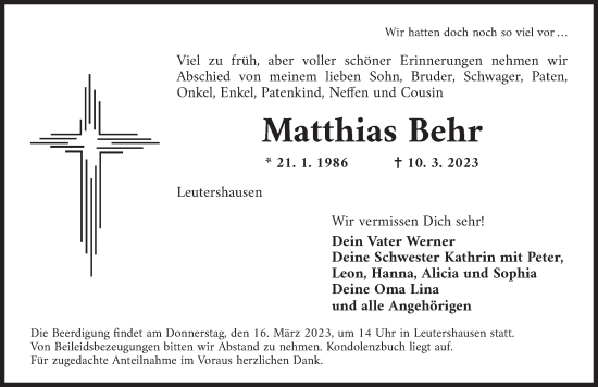 Traueranzeige von Matthias Behr von Ansbach
