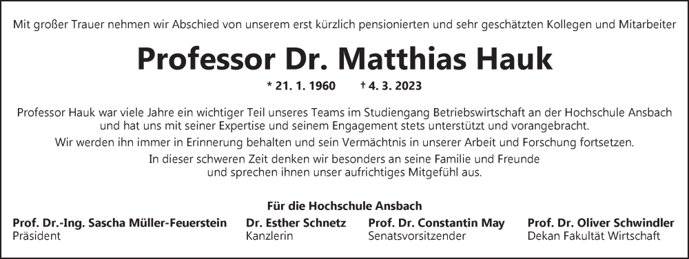  Traueranzeige für Matthias Hauk vom 18.03.2023 aus Ansbach