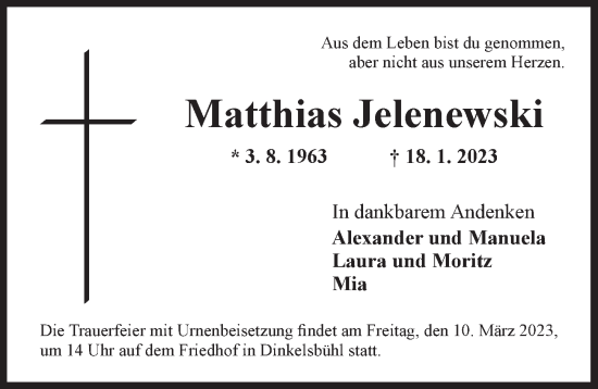 Traueranzeige von Matthias Jelenewski von Dinkelsbühl/ Feuchtwangen