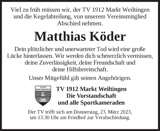 Traueranzeige von Matthias Köder von Dinkelsbühl/ Feuchtwangen