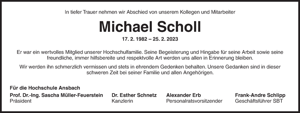  Traueranzeige für Michael Scholl vom 02.03.2023 aus Ansbach