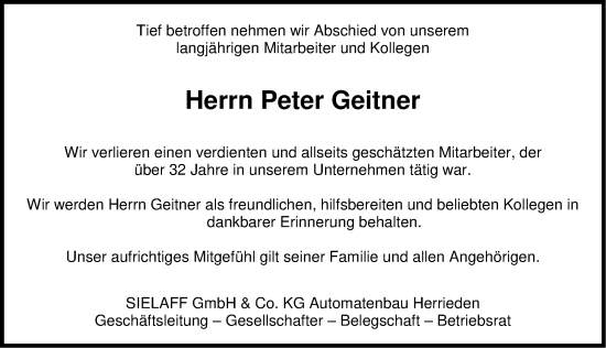 Traueranzeige von Peter Geitner von Ansbach