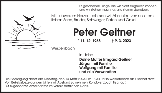 Traueranzeige von Peter Geitner von Ansbach