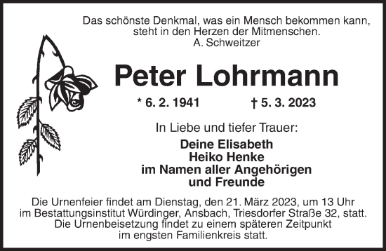 Traueranzeige von Peter Lohrmann von Ansbach