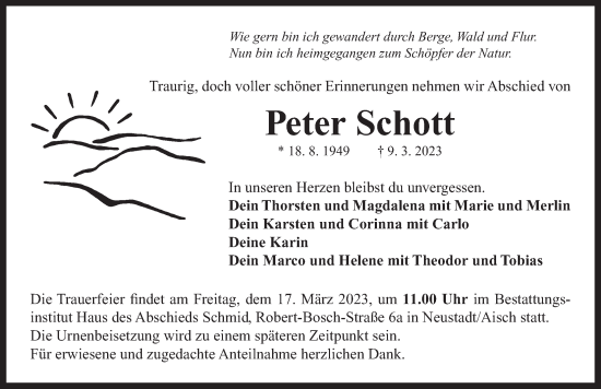 Traueranzeige von Peter Schott von Neustadt/ Scheinfeld/ Uffenheim