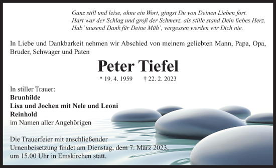 Traueranzeige von Peter Tiefel von Neustadt/ Scheinfeld/ Uffenheim