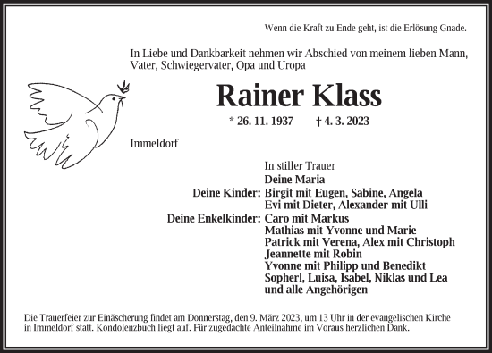 Traueranzeige von Rainer Klass von Ansbach