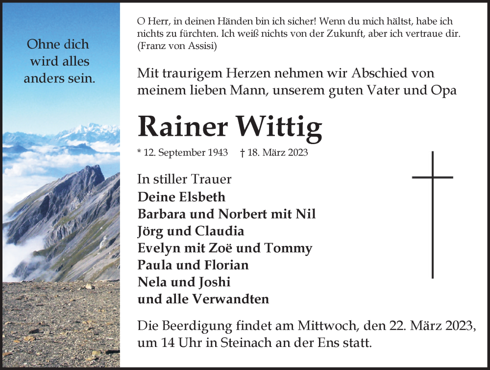  Traueranzeige für Rainer Wittig vom 20.03.2023 aus Rothenburg