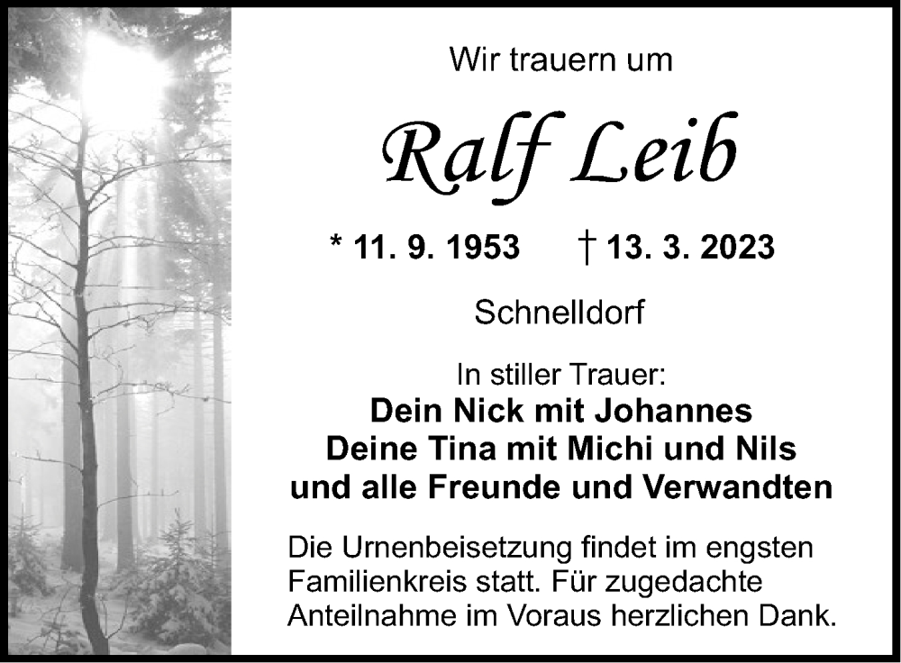  Traueranzeige für Ralf Leib vom 15.03.2023 aus GE
