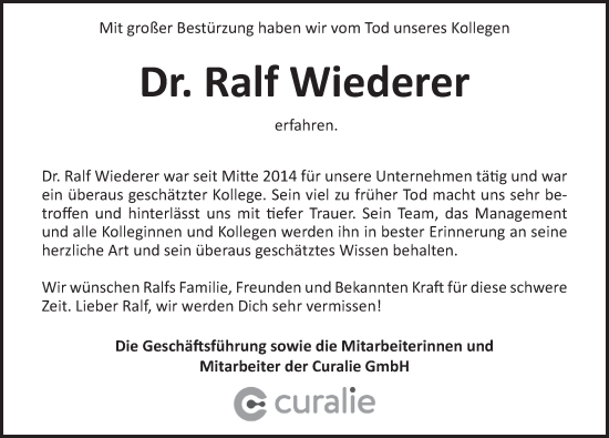 Traueranzeige von Ralf Wiederer von Rothenburg