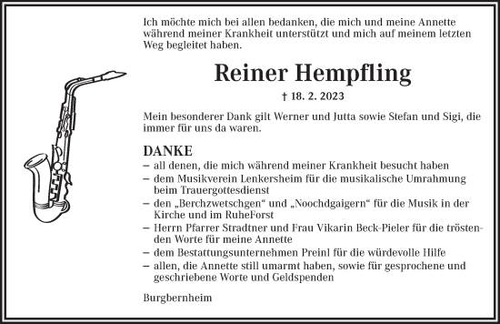 Traueranzeige von Reiner Hempfling von Neustadt/ Scheinfeld/ Uffenheim