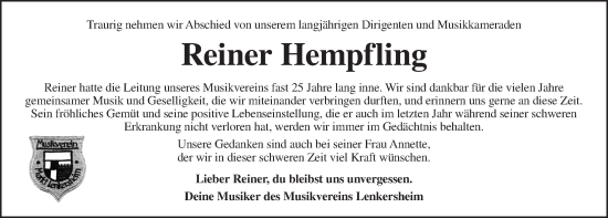 Traueranzeige von Reiner Hempfling von Neustadt/ Scheinfeld/ Uffenheim