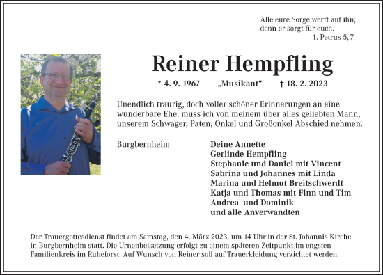 Traueranzeige von Reiner Hempfling von Neustadt/ Scheinfeld/ Uffenheim