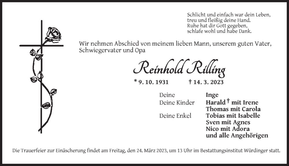  Traueranzeige für Reinhold Rilling vom 22.03.2023 aus Ansbach