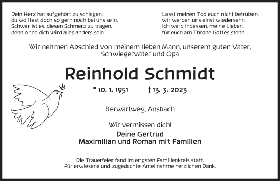 Traueranzeige von Reinhold Schmidt von Ansbach
