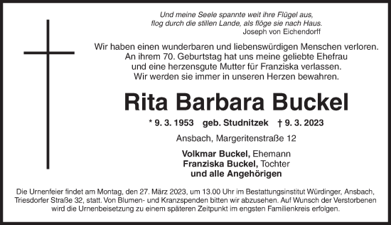 Traueranzeige von Rita Barbara Buckel von Ansbach