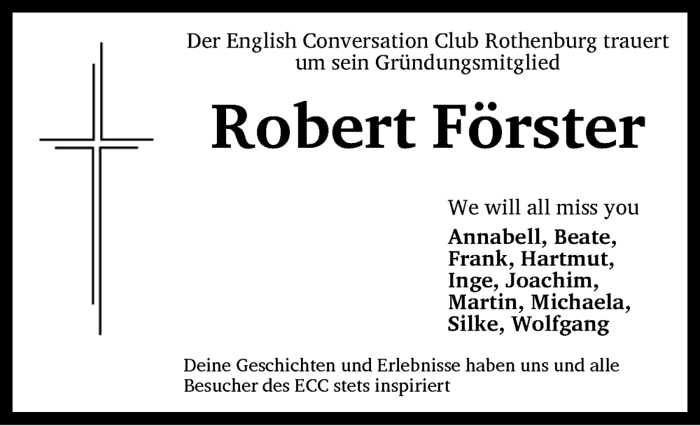  Traueranzeige für Robert Förster vom 01.03.2023 aus Rothenburg