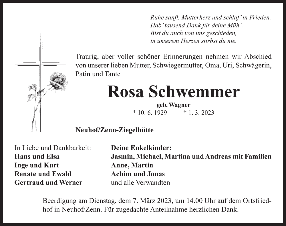  Traueranzeige für Rosa Schwemmer vom 04.03.2023 aus Neustadt/ Scheinfeld/ Uffenheim