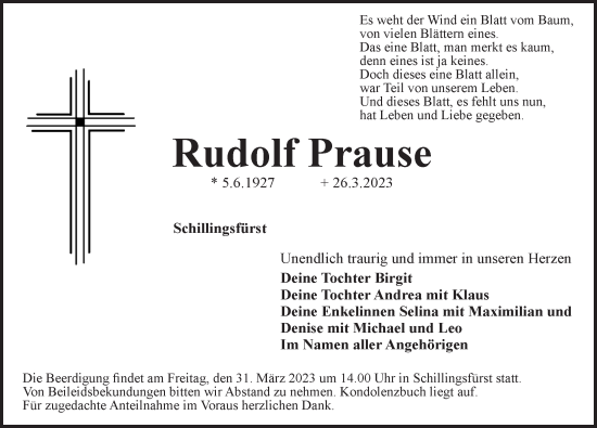 Traueranzeige von Rudolf Prause von Rothenburg