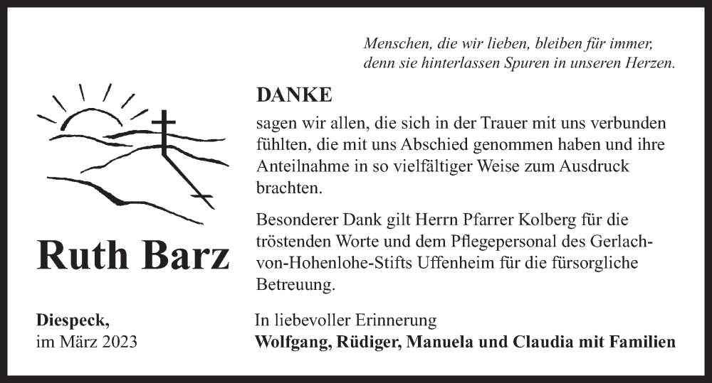  Traueranzeige für Ruth Barz vom 11.03.2023 aus Neustadt/ Scheinfeld/ Uffenheim