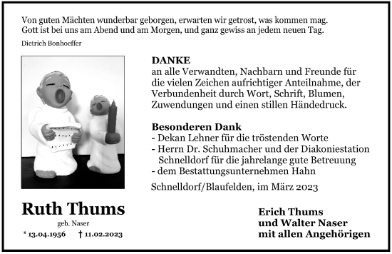 Traueranzeige von Ruth Thums von Dinkelsbühl/ Feuchtwangen