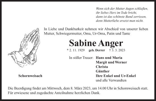 Traueranzeige von Sabine Anger von Neustadt/ Scheinfeld/ Uffenheim