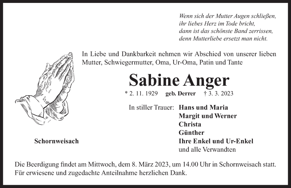  Traueranzeige für Sabine Anger vom 07.03.2023 aus Neustadt/ Scheinfeld/ Uffenheim