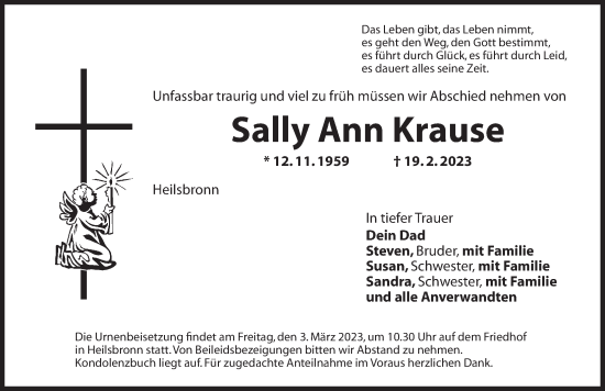 Traueranzeige von Sally Ann Krause von Ansbach