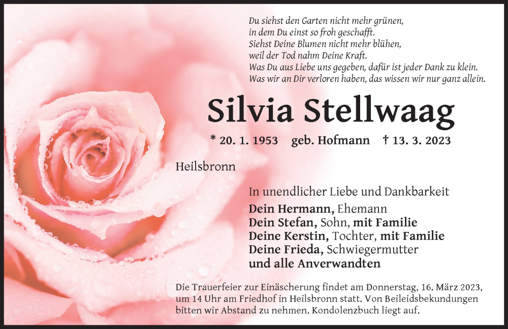  Traueranzeige für Silvia Stellwaag vom 15.03.2023 aus Ansbach