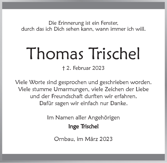 Traueranzeige von Thomas Trischel von Ansbach