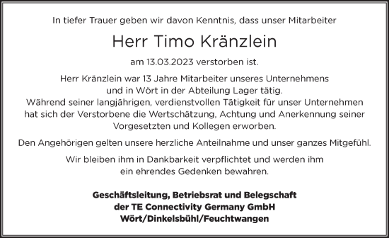 Traueranzeige von Timo Kränzlein von Dinkelsbühl/ Feuchtwangen