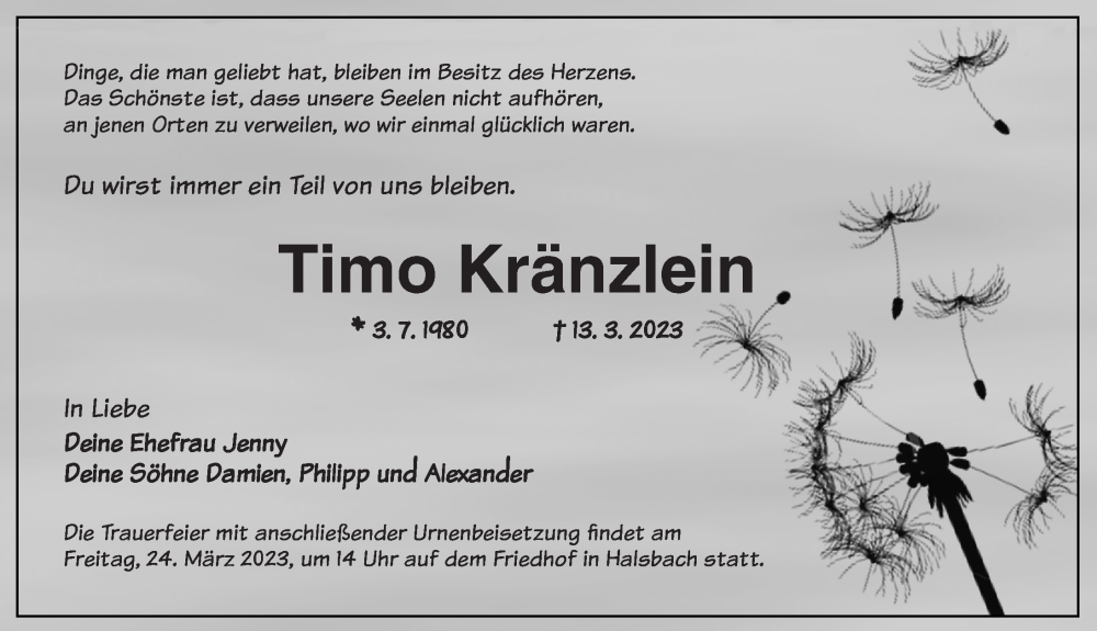  Traueranzeige für Timo Kränzlein vom 21.03.2023 aus Dinkelsbühl/ Feuchtwangen