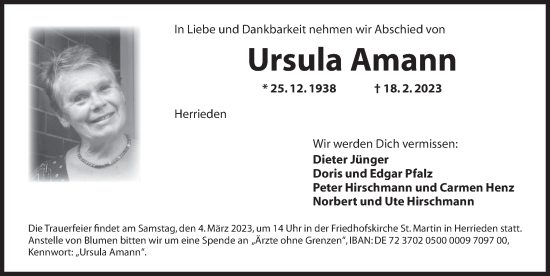 Traueranzeige von Ursula Amann von Ansbach