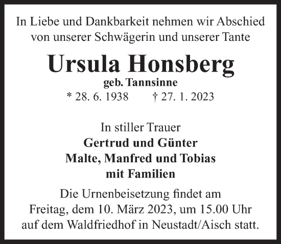 Traueranzeige von Ursula Honsberg von Neustadt/ Scheinfeld/ Uffenheim
