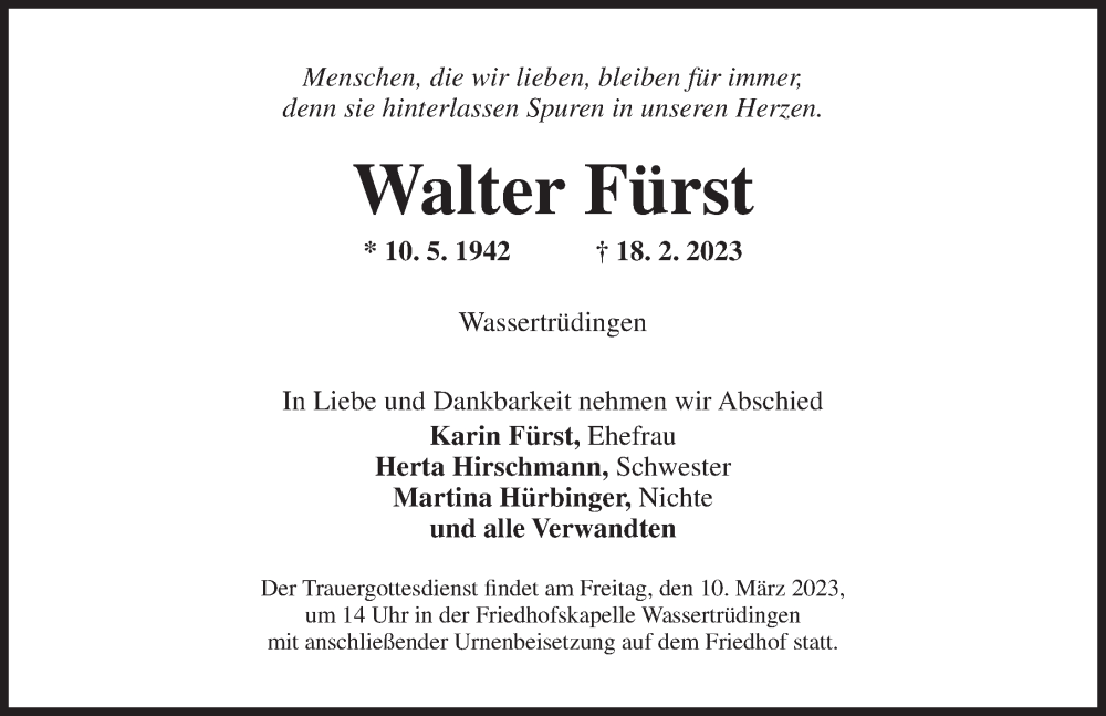  Traueranzeige für Walter Fürst vom 08.03.2023 aus Dinkelsbühl/ Feuchtwangen