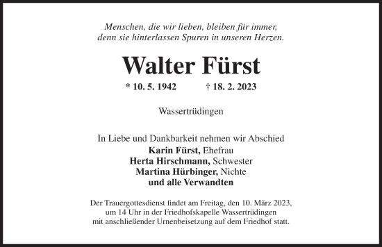 Traueranzeige von Walter Fürst von Dinkelsbühl/ Feuchtwangen
