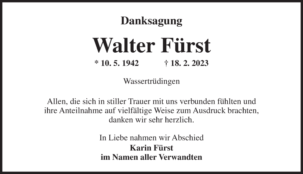  Traueranzeige für Walter Fürst vom 22.03.2023 aus Dinkelsbühl/ Feuchtwangen