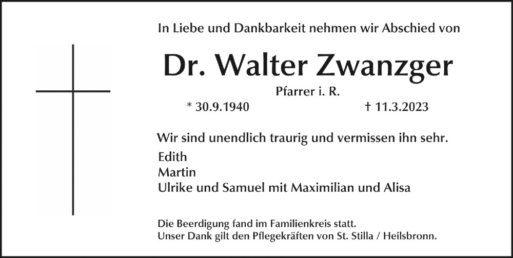  Traueranzeige für Walter Zwanzger vom 18.03.2023 aus Ansbach