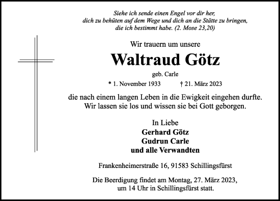 Traueranzeige von Waltraud Götz von Rothenburg