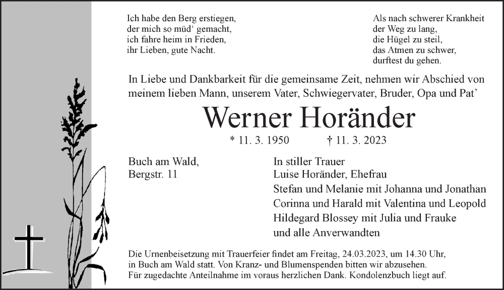  Traueranzeige für Werner Horänder vom 22.03.2023 aus Ansbach